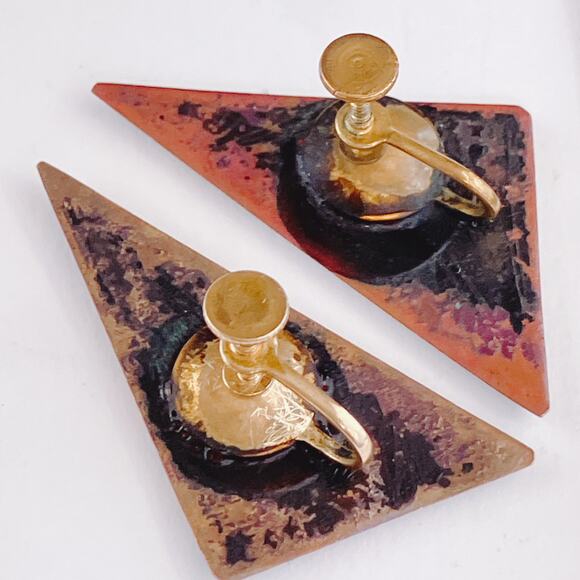 VTG MCM Enamel Copper Brooch & Earrings Set Modernist Geometric Black White - Picture 8 of 11